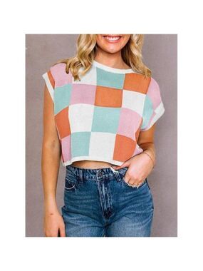 Women's Cap Sleeve Crop Tops Color Block Top in White, Green, Orange & Pink